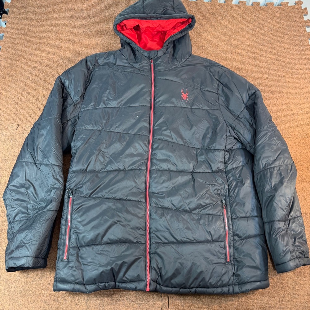 Spyder Hooded Puffer Jacket Mens XL Black Red Full Zip Insulated Quilted Coat